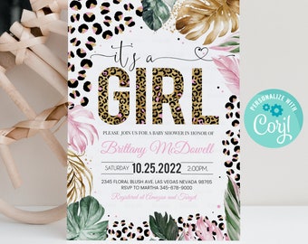 Editable Leopard print Baby Shower Invitation, Its a Girl Baby Shower Invite, Baby Shower girl, Safari Printable template Digital download