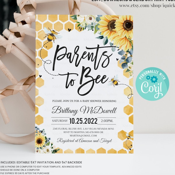 Editable Parents to Bee Baby Shower Invitation Sunflower Gender Neutral Honey bee Baby Shower Invite Printable Template Instant Download