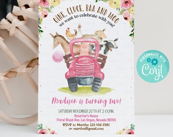 Editable Farm Birthday Invitation, Girl Barn Party, Digital Invite, Farm Animals Barnyard Girl Invitations INSTANT DOWNLOAD