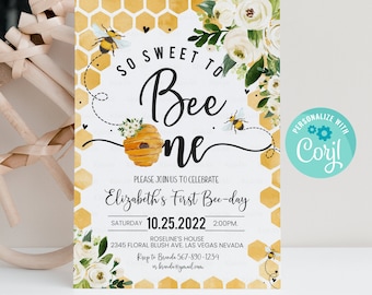 Editable Bee Birthday Invitation Honey Bee Birthday Party Bee 1st Birthday So Sweet To Bee One Party Bee-Day 1st Birthday Instant download