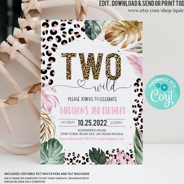 Bearbeitbare zwei wilde Leopard Print Dschungel-Geburtstagsfeier-Einladung Leopard Print einladen geboren zwei wilde Vorlage Digital Sofort Download
