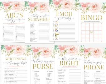 Blush Pink Floral Baby Shower Games, Pink and gold Baby Shower Game Bundle, Girl Flower Bingo Instant Download Digital Printable