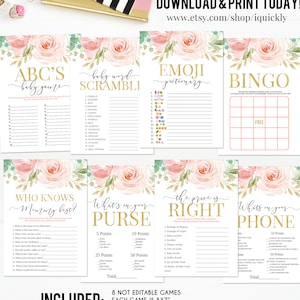 Blush Pink Floral Baby Shower Games, Pink and gold Baby Shower Game Bundle, Girl Flower Bingo Instant Download Digital Printable