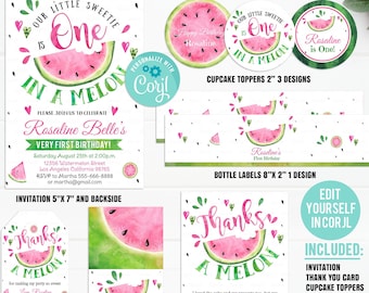 Redigerbart vattenmelonfestpaket, en-i-en-melon-festdekorationer, födelsedagsinbjudningar, flickinbjudningsmall digital direktnedladdning