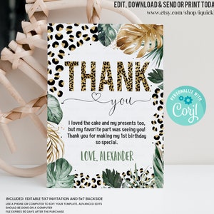 Bearbeitbare Wild One Leopard Print Dankeskarte Dschungel Geburtstag Party Notiz Karte Leopard Print Wild One 1. Geburtstag Vorlage Digitaler Download
