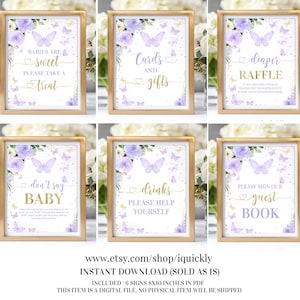 Paarse vlinder baby shower bundel set tafel tekenen kaarten en geschenken luier loterij Zeg niet baby traktatie teken afdrukbare Instant download BU102