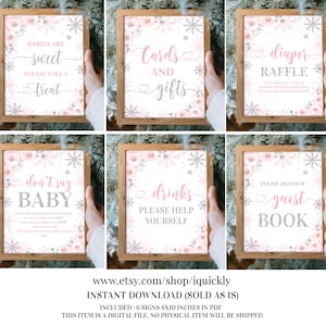 Sneeuwvlok Baby Douche Tafelborden, Winterkaarten en Geschenken, Luierloterij, Zeg geen baby, behandel teken, gastenboek, Drankjes Instant Download