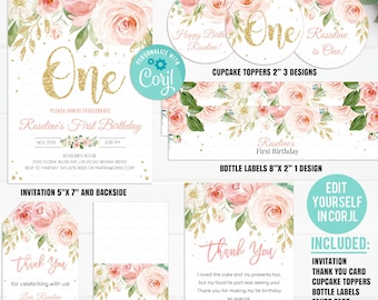 EDITABLE Blush Pink Floral Party package, Printable Decorations, 1st Birthday Invitation Set Template, Boho Girl, Instant download Digital