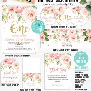 Pacote de festa floral rosa blush EDITÁVEL, decorações para impressão, modelo de conjunto de convite de primeiro aniversário, Boho Girl, download instantâneo digital