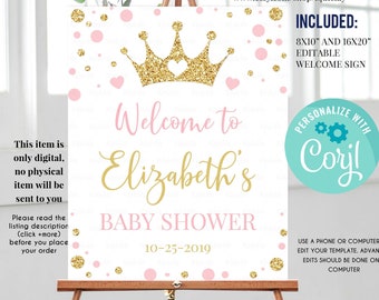 EDITABLE Princess Baby Shower Welcome sign, Pink and gold Printable 1st Birthday Decorations polka dot, Instant Download Template