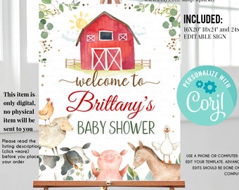 Farm Baby Shower Welcome Sign, EDITABLE, Gender Neutral, Farm animals sign, Digital, Farm Theme Party decorations Instant download