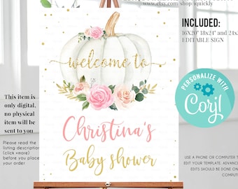 EDITABLE Pumpkin Floral Baby Shower Welcome sign, Pink and gold Pumpkin Sign Decorations Flower White Instant download Template Printable