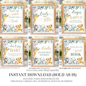 Safari Baby Shower Tisch Zeichen Dschungel Karten und Geschenke Windel Tombola Don't say Baby, Gästebuch Getränke druckbar Digital Sofort Download
