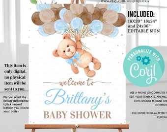 Editable Teddy Bear Baby Shower Welcome Sign, Bear Themed Baby Shower Welcome Sign, Printable Baby Shower Party Sign, Yard sign Download