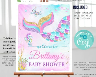 Editable Mermaid Birthday Welcome sign, Baby Shower Under the Sea Party Sign Yard sign Download Printable template Digital Download