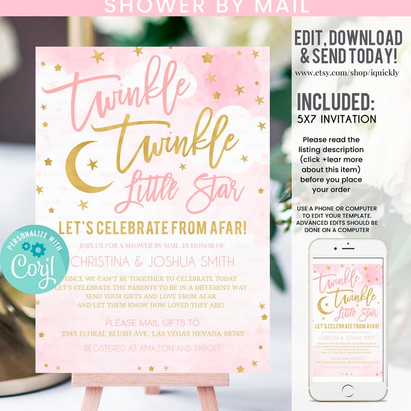 Shower by mail Twinkle twinkle little star Baby shower invitation, Editable Virtual baby shower invites Girl Printable template download