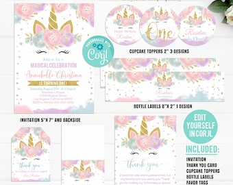 Editable Unicorn Party Decorations, Unicorn Party Package Birthday Invitations Magical Unicorn Invite Girl Template Digital Instant Download