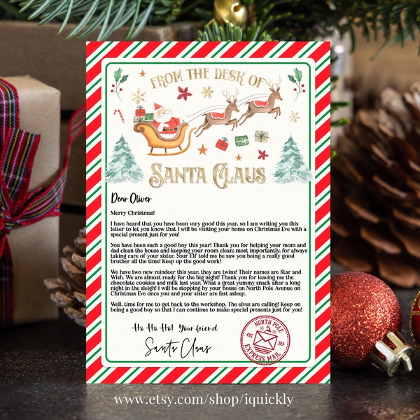 Editable Personalized Letter from Santa Claus From The Desk of Santa Christmas Eve North Pole Mail Instant Download Printable Template