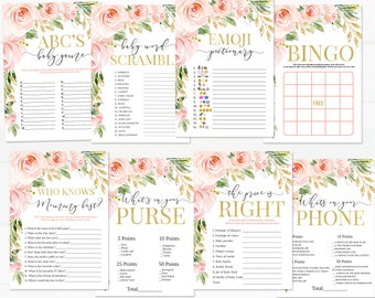 Blush Pink Floral Baby Shower Games, Bundle de jeu de douche de bébé rose et or, Girl Flower Bingo Téléchargement instantané Digital Printable