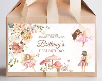 Editable Fairy Birthday Party favor Box Label Printables Garden floral Party gift box labels Templates Instant download FA101