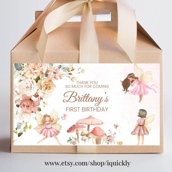 Editable Fairy Birthday Party favor Box Label Printables Garden floral Party gift box labels Templates Instant download FA101