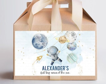 Editable Space Box Label Outer Space Birthday Gift Box Labels First Trip Around the Sun Party Favors Download Printable Corjl FT103