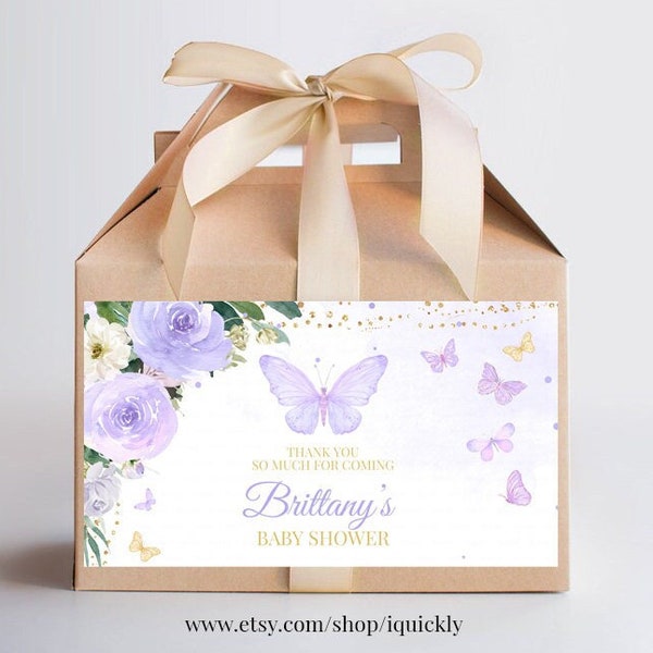 Butterfly Baby Shower Favors Box Label Printables EDITABLE Purple Butterfly Baby Shower gift box labels Templates Instant download BU102
