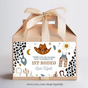 Modificabile La mia prima festa di compleanno di Rodeo favorisce stampabili di etichette per scatole da cowboy Etichette per scatole regalo per feste Modelli di ranch del selvaggio West scarica R102