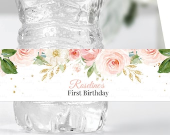 EDITIERBARE Blush Pink Floral Flaschenetikett, Wasser Etiketten druckbare 1. Geburtstag Vorlage, Rosa und Gold Boho Girl, One Instant download