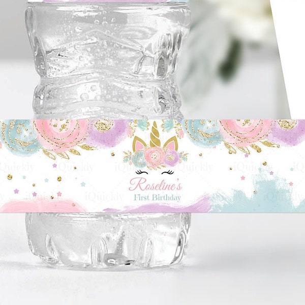 BEWERKBARE Eenhoorn fles wateretiketten, Eenhoorn babyshower, roze & gouden Eenhoorn, Glitter Eenhoorn partij Instant download afdrukbare sjabloon