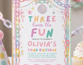 May include: A rectangular birthday invitation card featuring pastel striped borders, a disco ball, and paper chain illustrations. The text reads: THREE times the FUN, JOIN US TO CELEBRATE OLIVIA'S THIRD BIRTHDAY, SATURDAY, JULY 25TH AT 2:00PM, 12345 FUN TO BE ONE STREET, LOS ANGELES, CALIFORNIA 555, RSVP TO MARTHA 123-456-7890 OR MARTHA@GMAIL.COM.