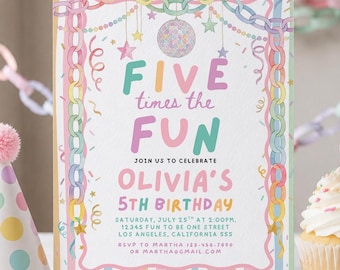 Zaproszenie na piąte urodziny Five Times The Fun Whimsical Girl, kolorowe, pastelowe, pasiaste zaproszenie na piąte urodziny, edytowalny szablon Canva