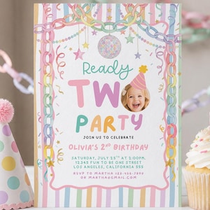 Modelo de convite de aniversário editável para festa de 2 anos, convite colorido listrado para aniversário de menina.