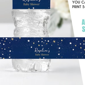 EDITABLE Twinkle Twinkle Little Star Bottle Label, Water labels Printable Baby shower Template, Navy and gold Boho Girl, Instant download