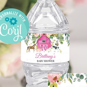 EDITABLE Girl Farm Bottle Label, Water labels Printable 1st Birthday, Pink Farm Animals Party decorations Instant download Template digital