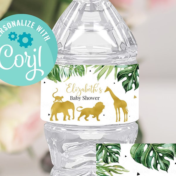 EDITABLE Jungle gold Baby Shower Bottle Label, Safari Water labels Printable Template, Wild One Lion Giraffe Elephant Boy Instant download