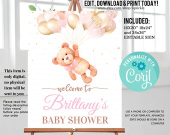 140 Girl Welcome Printable Editable Girl Bear Welcome Sign Pink Cute Woodland Welcome Editable Sign Bear Welcome