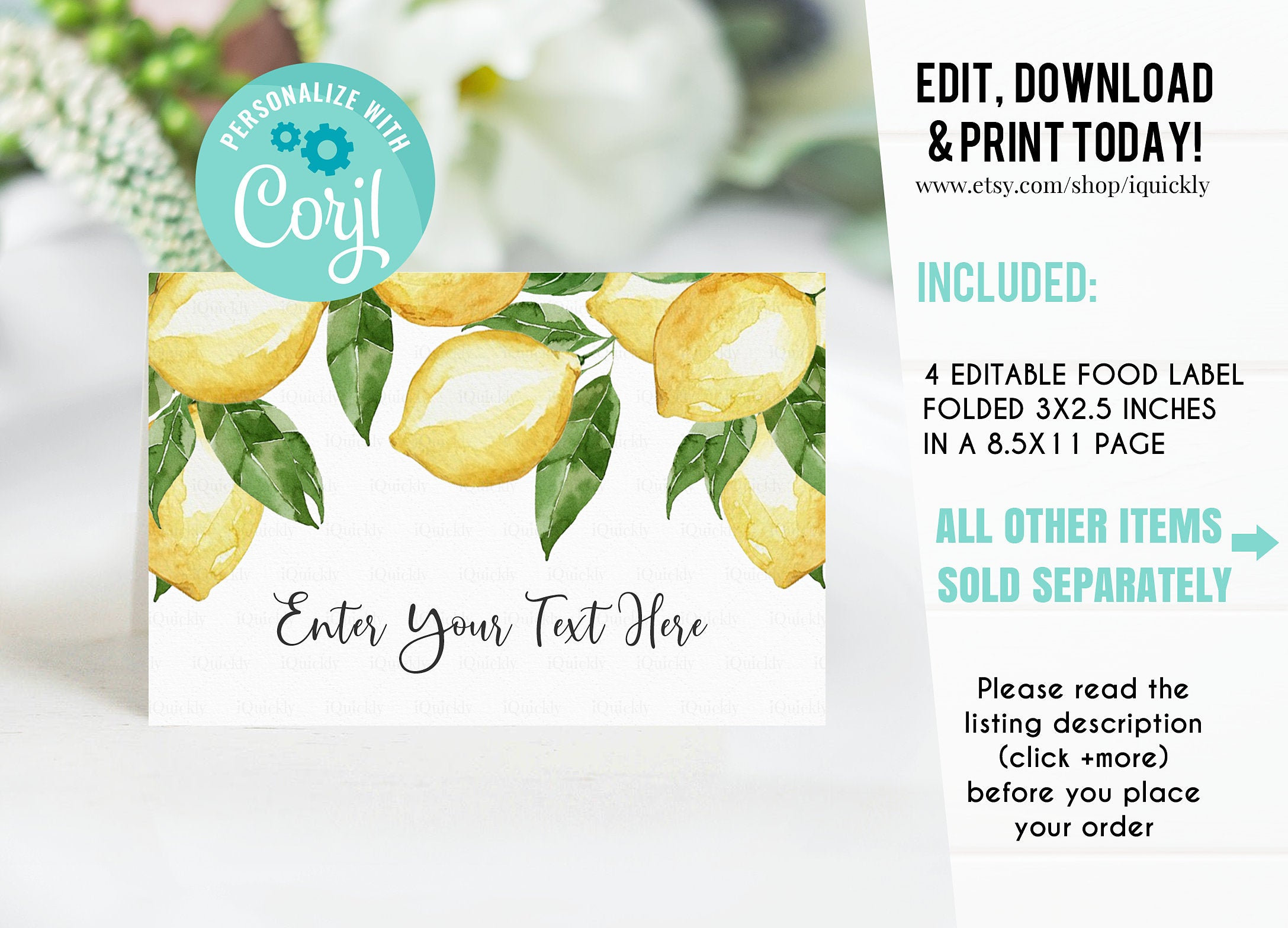 EDITABLE Lemon Food tags, Lemonade Buffet label, Citrus Tent card Food Labels, Place Cards, Table Card Printable Template Instant download