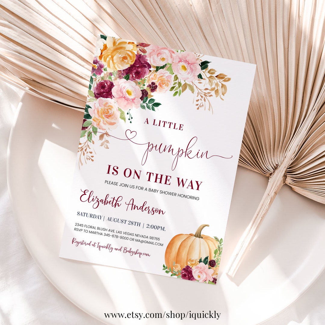 EDITABLE Pumpkin Baby Shower Invitation Floral Pink Burgundy Girl ...