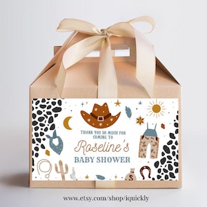 Modificabile Cowboy baby shower Bomboniera Cowboy Box Label Printables Etichette per confezioni regalo per feste Country Western Wild West Modelli scarica C102
