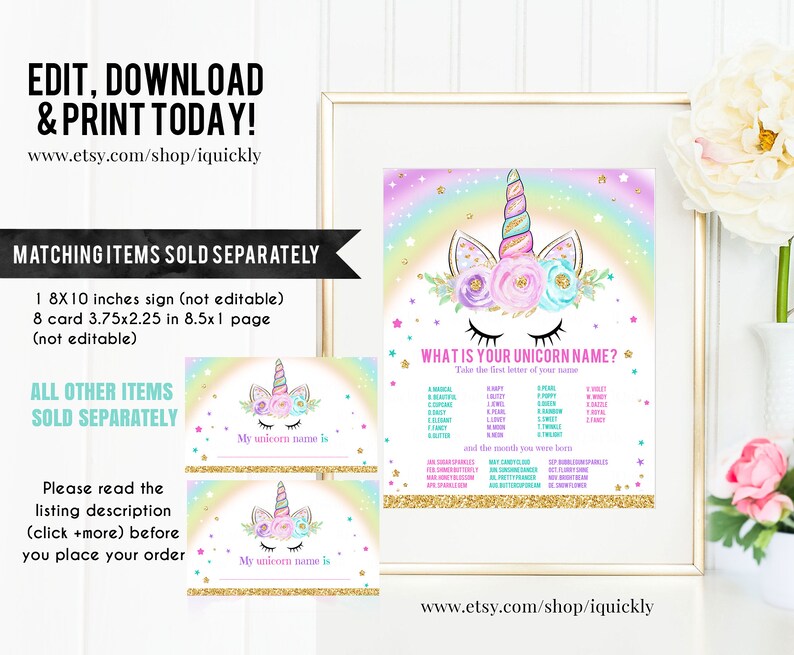 EDITABLE Unicorn Time Capsule Matching Note Cards First - Etsy