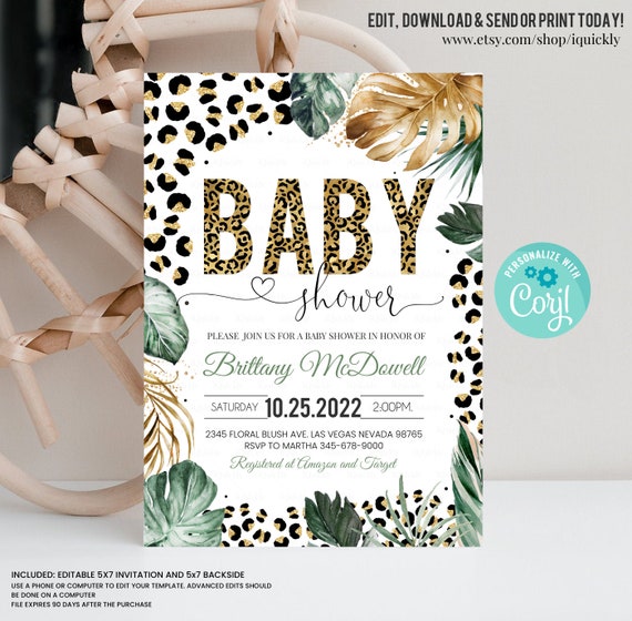 Editable Leopard print Baby Shower Invitation, Leopard Baby Shower