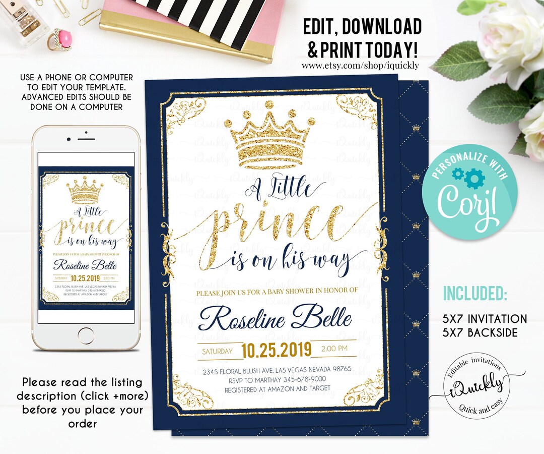EDITABLE Prince Baby Shower Invitation, Crown Navy and Gold Boy Invite