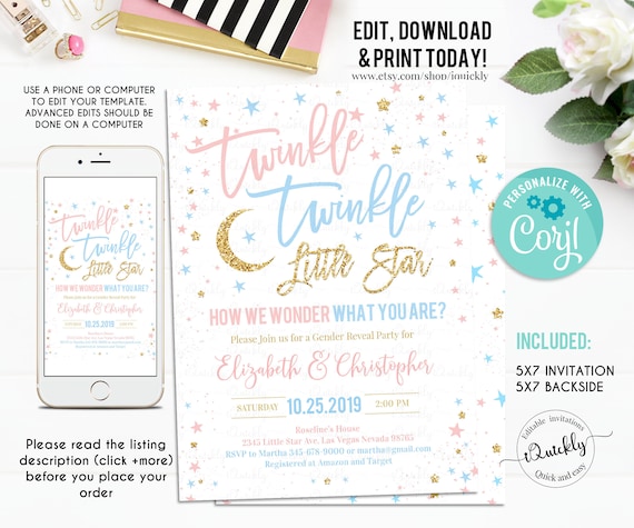 EDITABLE Twinkle Twinkle Little Star Gender Reveal Baby Shower Invitation Boy Girl Shower Blue Pink invite Instant Download Template Digital Il_570xn