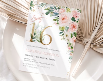 Inbjudan till Sweet Sixteen-firande, redigerbar Sweet 16-inbjudan, rosa blommig akvarell, 16-årsdag, utskrivbar mall, digital nedladdning