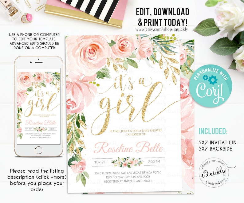 EDITABLE Invitation Blush Pink Floral Baby Shower Invitation It’s a girl Printable Baby Shower Invite Template, Sweet Girl Instant Download 