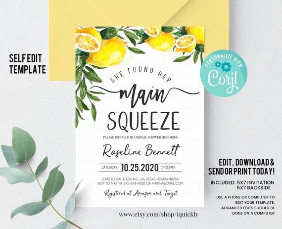 Editable She Found Her Main Squeeze Bridal Shower Invitation, Lemon Citrus Watercolor Invite, Summer Printable Template Instant Download Il_570xn