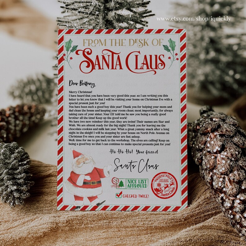 May include: A Christmas-themed letter from Santa Claus, featuring a red and white border with holly accents. The letterhead reads "From the Desk of Santa Claus." The letter includes text and a Santa Claus illustration, with "Nice List Approved" and "Checked Twice!" stamps.