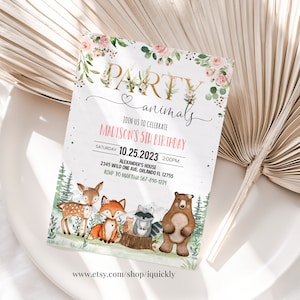 Invitación de cumpleaños del bosque, invitación de animales de la fiesta del bosque de la niña, plantilla temática de las criaturas del bosque descarga instantánea imprimible W305