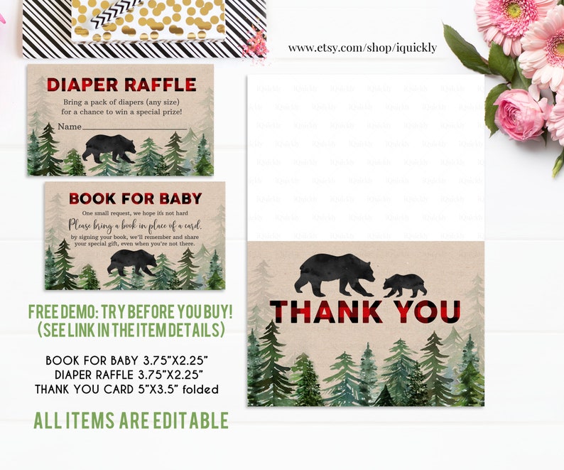 Lumberjack Baby Shower Invitation Bundle Editable, Buffalo Plaid Pack Diaper raffle, Book for Baby Set, Rustic Boy Package, Instant Download image 3